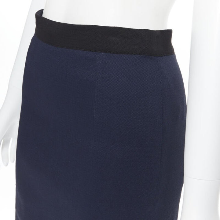 LANVIN ALBER ELBAZ 2014 navy blue linen blend exposed zip pencil skirt FR34 26"