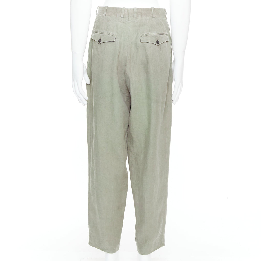 YOHJI YAMAMOTO khaki green linen pleated front tapered wide pants S