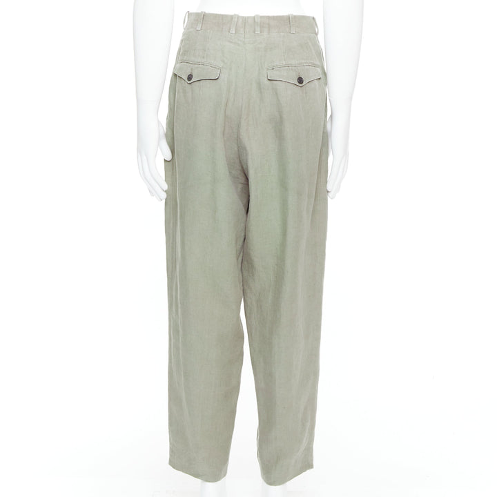 YOHJI YAMAMOTO khaki green linen pleated front tapered wide pants S
