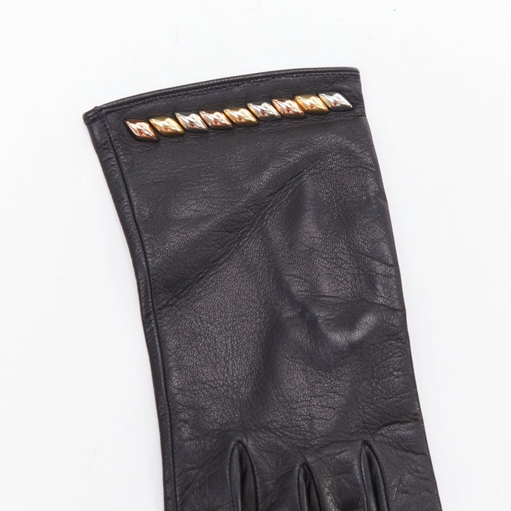 LOUIS VUITTON black leather gold silver trapeze stud short gloves