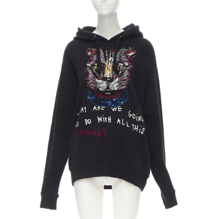 GUCCI Cat sequins Future print black cotton oversized hoodie S
