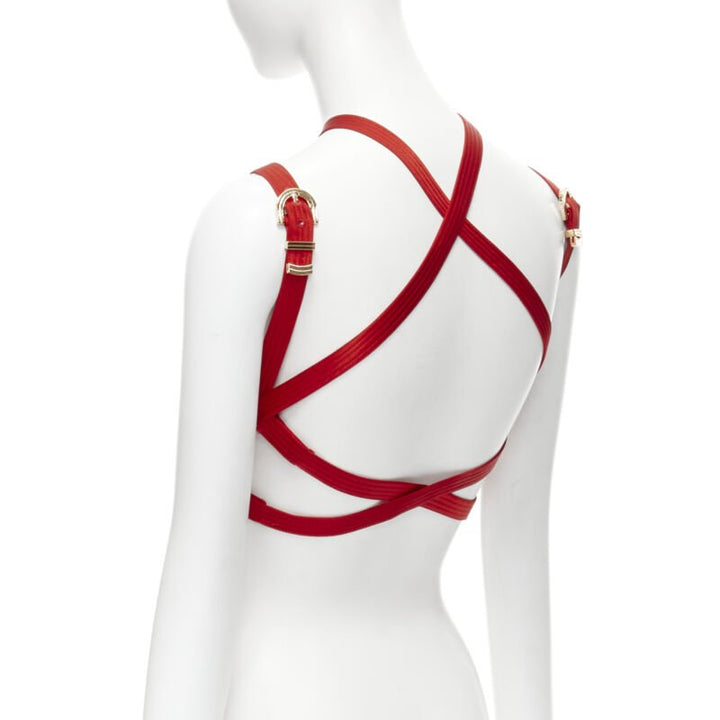 VERSACE 2019 Runway S&M Bondage Tribute red silk gold buckle bra top IT38 XS