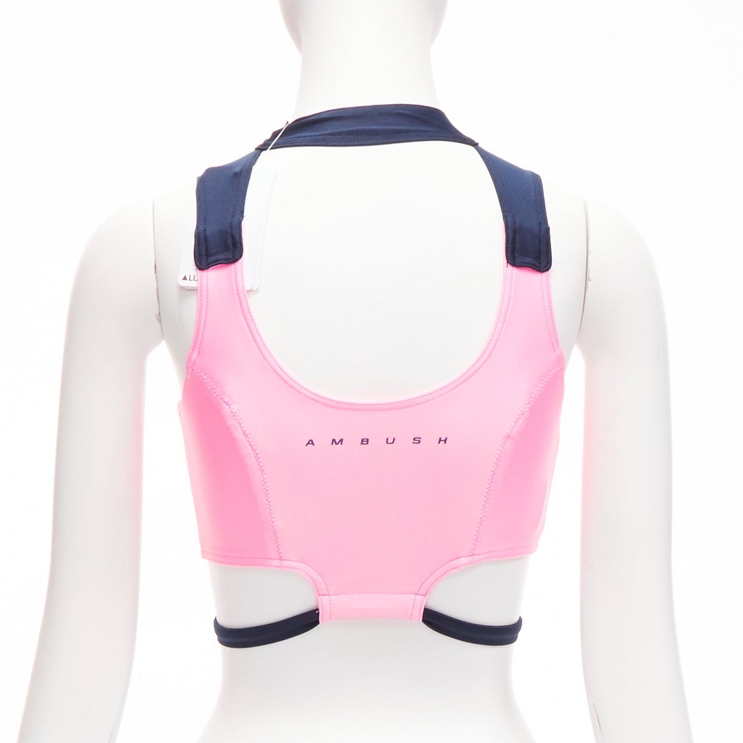 AMBUSH pink navy panelled logo back waist tie cropped sports top Size 1 S