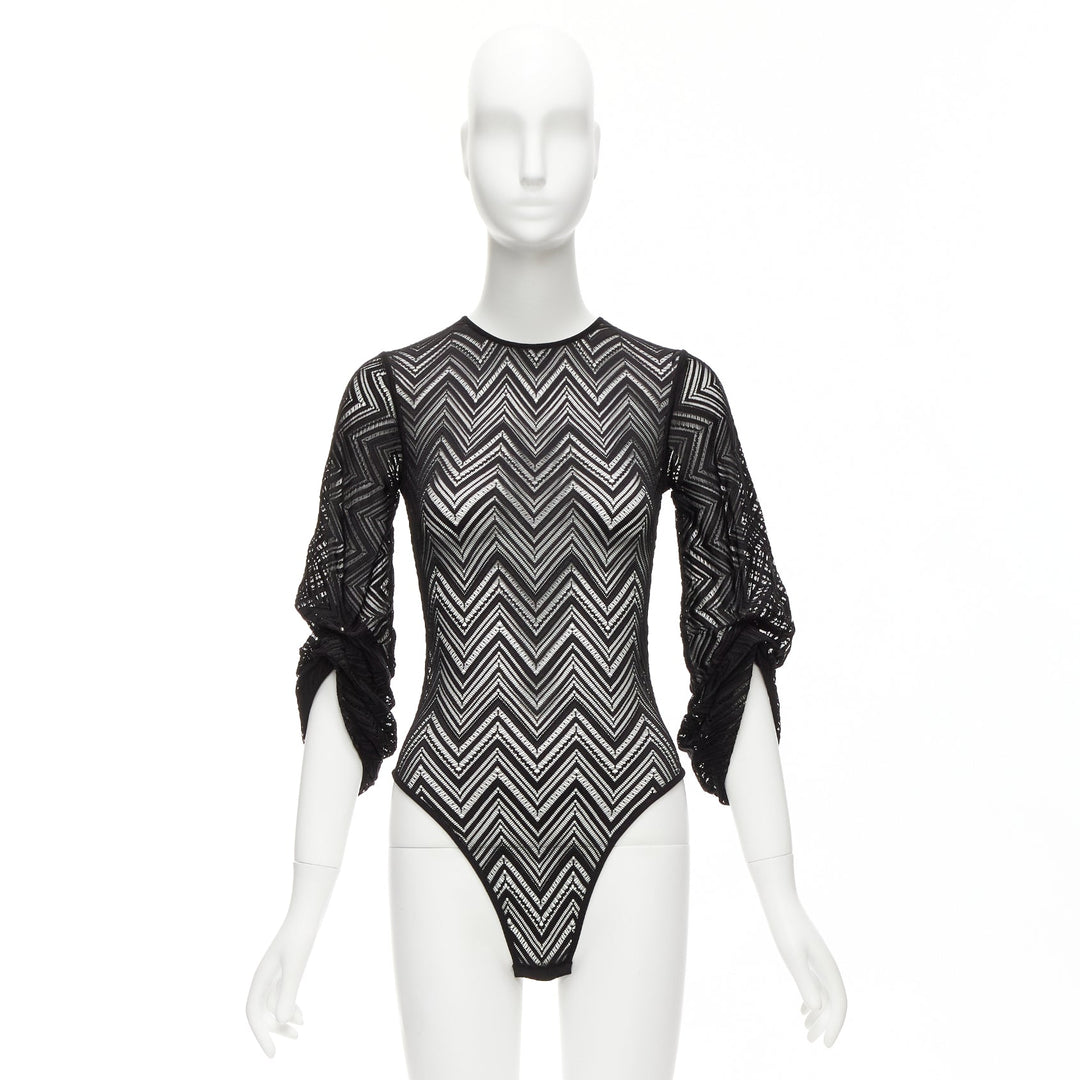 ROLAND MOURET black chevron lattice lace draped charm sleeves bodysuit top XS