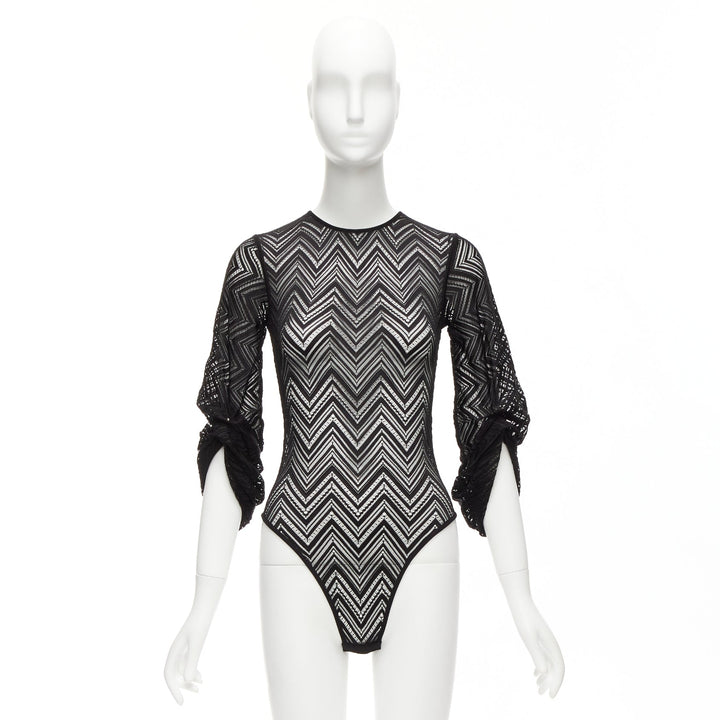ROLAND MOURET black chevron lattice lace draped charm sleeves bodysuit top XS