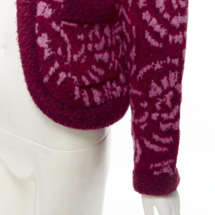 rare CHANEL red pink Camellia CC wool fluffy boucle trim cardigan jacket FR34 XS