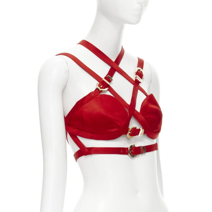 VERSACE 2019 Runway S&M Bondage Tribute red silk gold buckle bra top IT38 XS