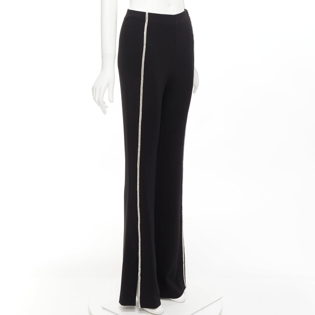 CINQ A SEPT clear strass crystal trim black high waisted flare slit pants US0 XS