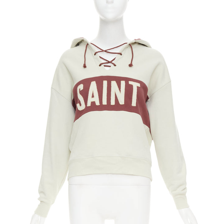 SAINT LAURENT 2022 taupe red logo applique drawstring crop hoodie XS