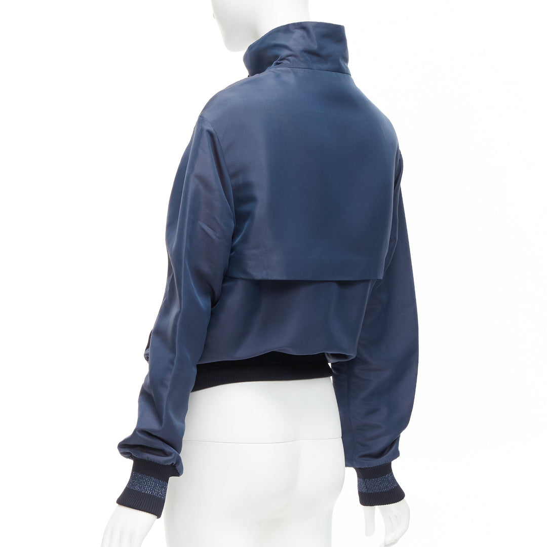 CHANEL Vintage navy viscose silk CC logo zip bomber jacket FR34 XS