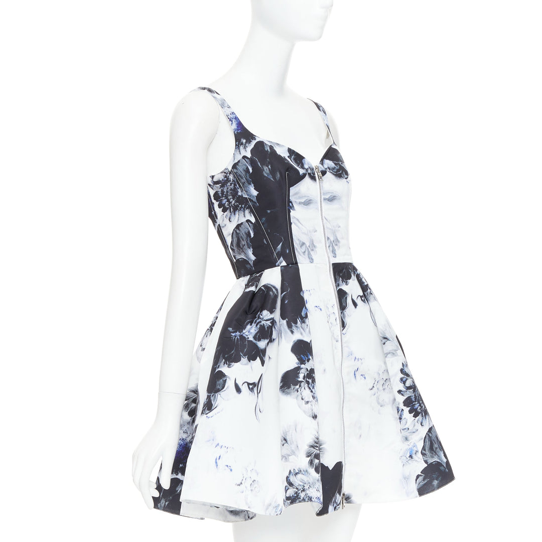 ALEXANDER MCQUEEN 2023 Chiaroscuro ink floral print zip front dress IT38 XS