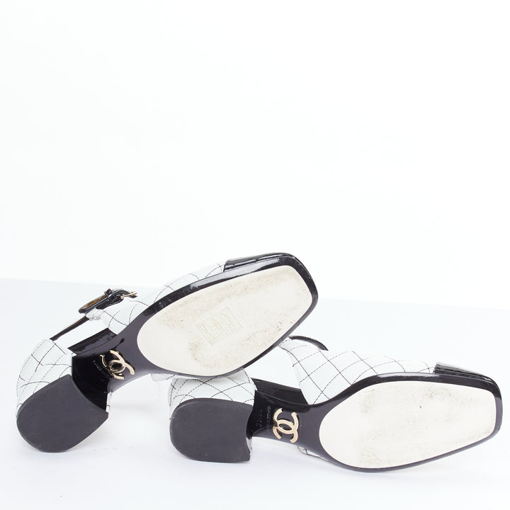 CHANEL 2022 black white quilted topstitch patent cap toe maryjane heels EU36.5