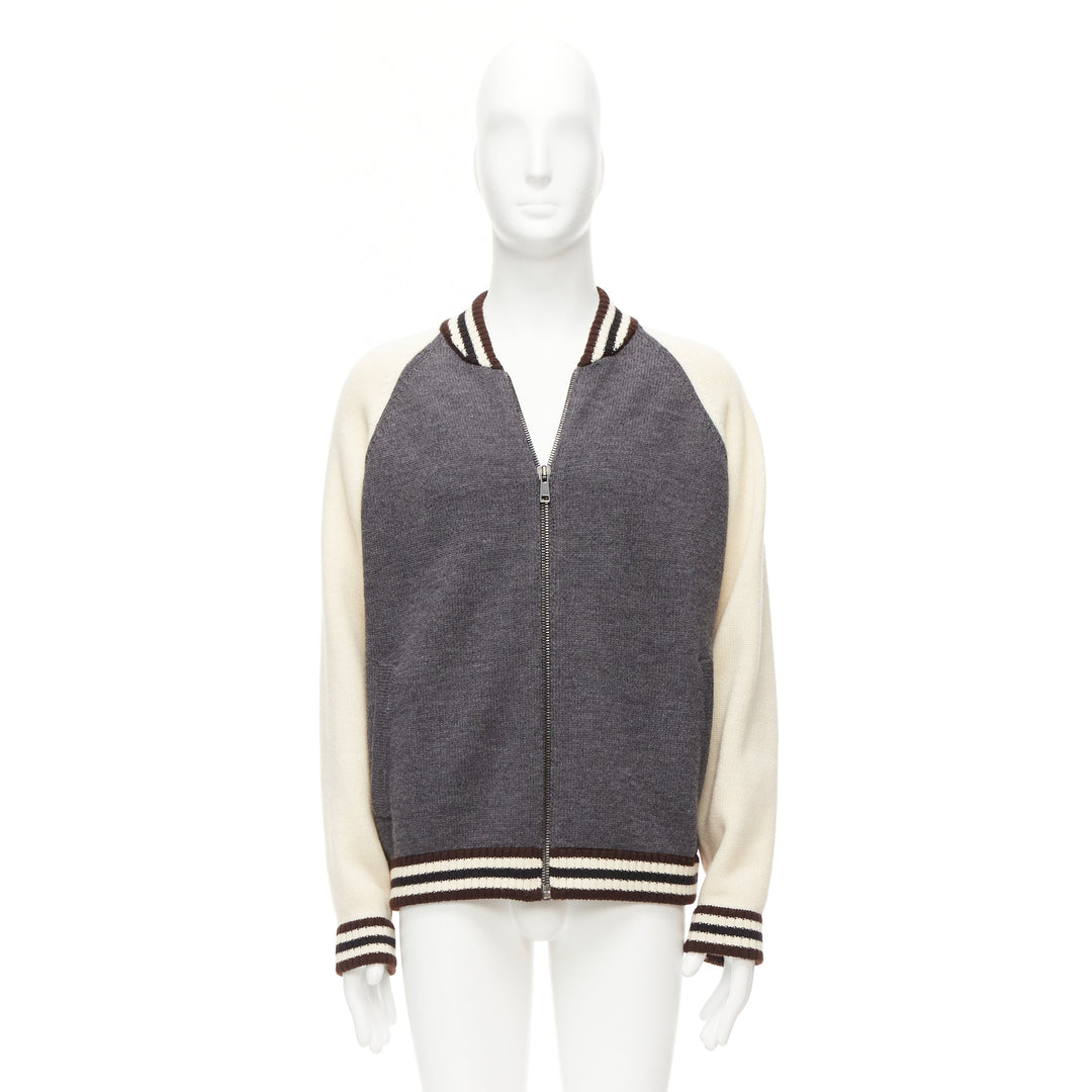 PRADA 2014 100% wool knit cream grey raglan varsity bomber jacket IT50 L