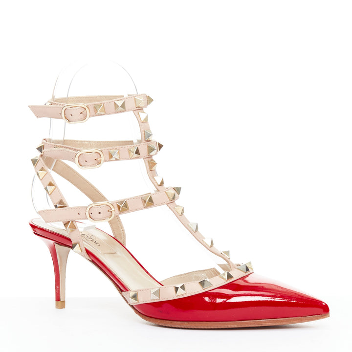 VALENTINO Rockstud red patent caged nude leather strappy heels EU38