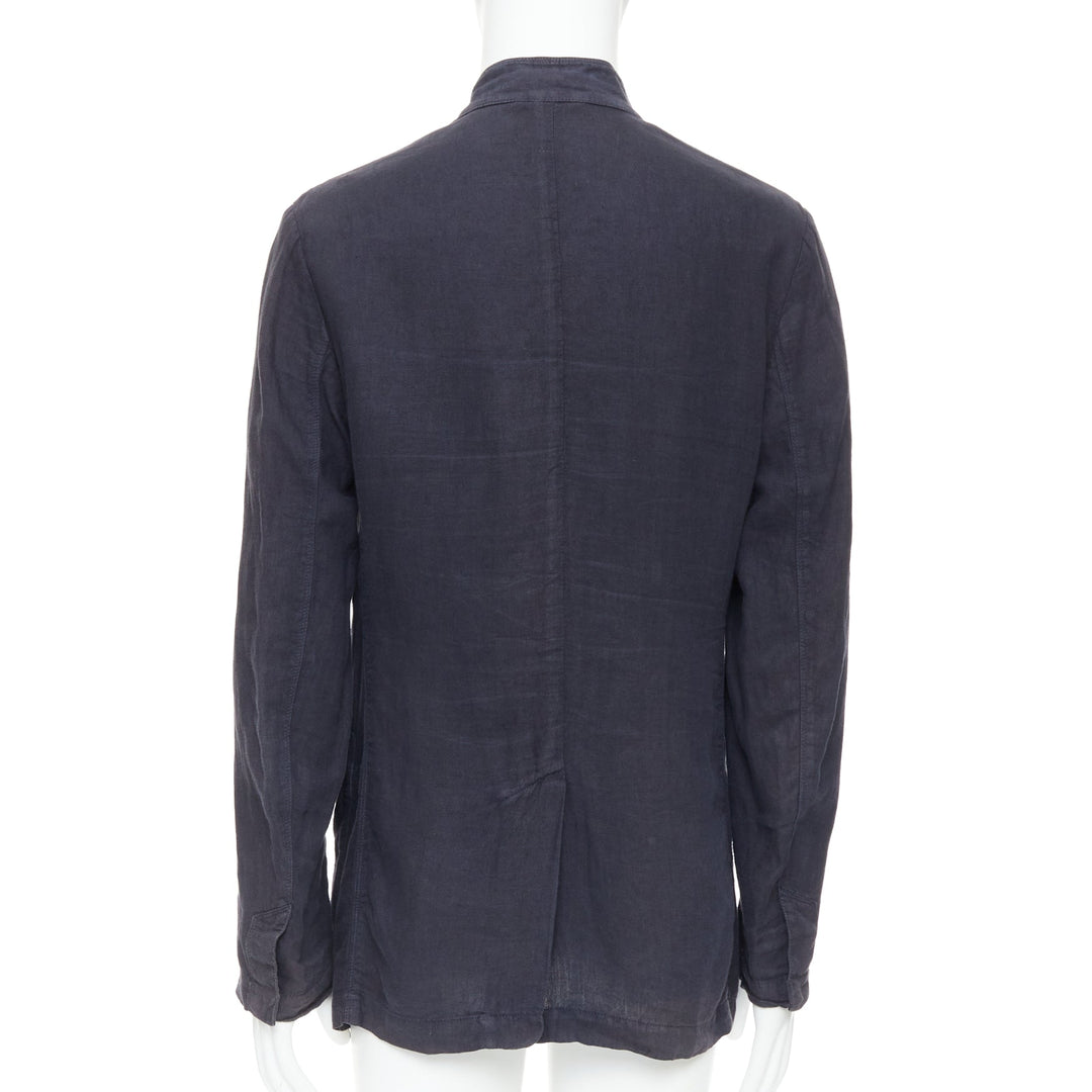 ERMENEGILDO ZEGNA navy linen 3 pockets stand collar light blazer IT48 M