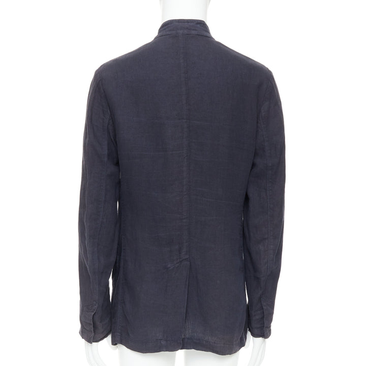 ERMENEGILDO ZEGNA navy linen 3 pockets stand collar light blazer IT48 M