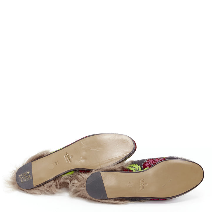 GUCCI Alessandro Michele Princetown floral jacquard fur lined loafer EU36