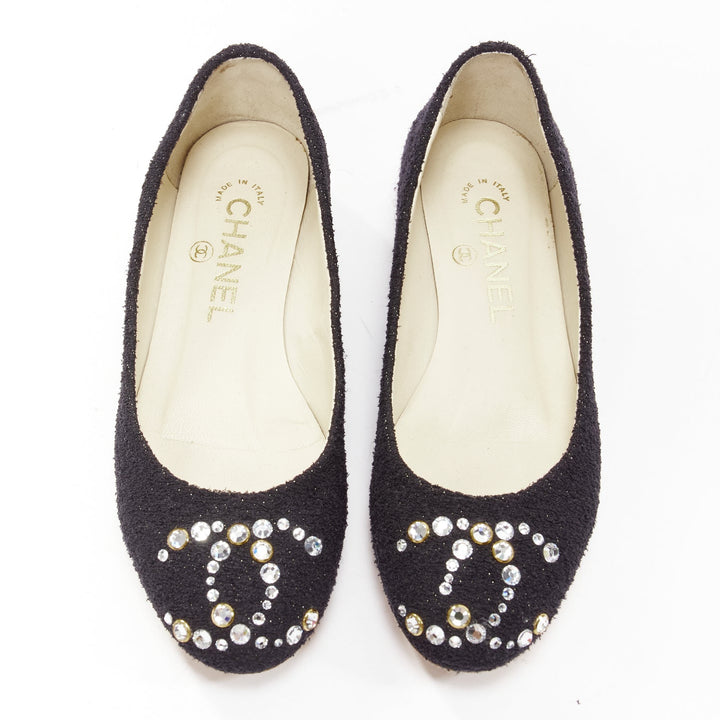 CHANEL black tweed crystal CC embellished logo round toe flat shoes EU35