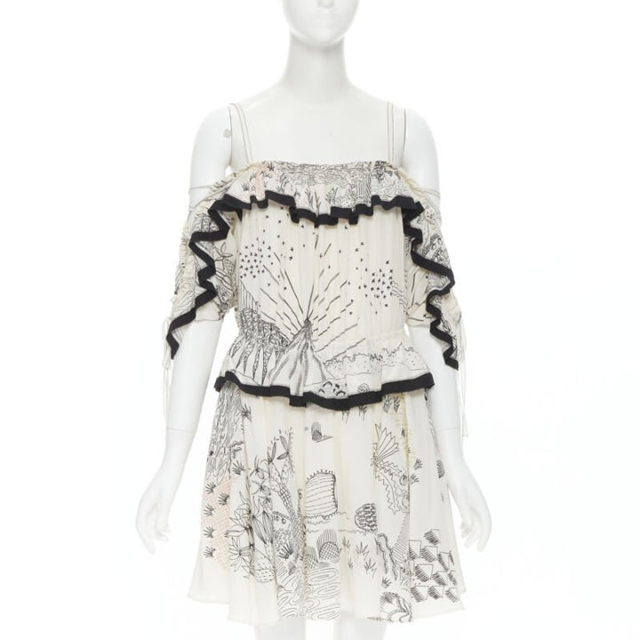 VALENTINO Garden illustration print silk off shoulder lace up dress IT40 S
