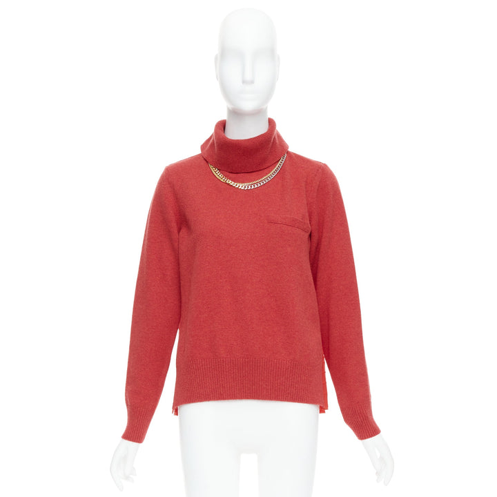 SACAI 2020 red 100% wool gold chain necklace turtleneck sweater top JP3 L