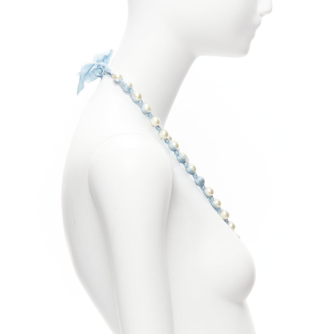 LANVIN ALBER ELBAZ cream pearl blue silk ribbon wrap long necklace