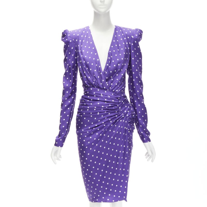 ALEXANDRE VAUTHIER Runway purple polka dot puff shoulder wrapped dress FR34 XS
