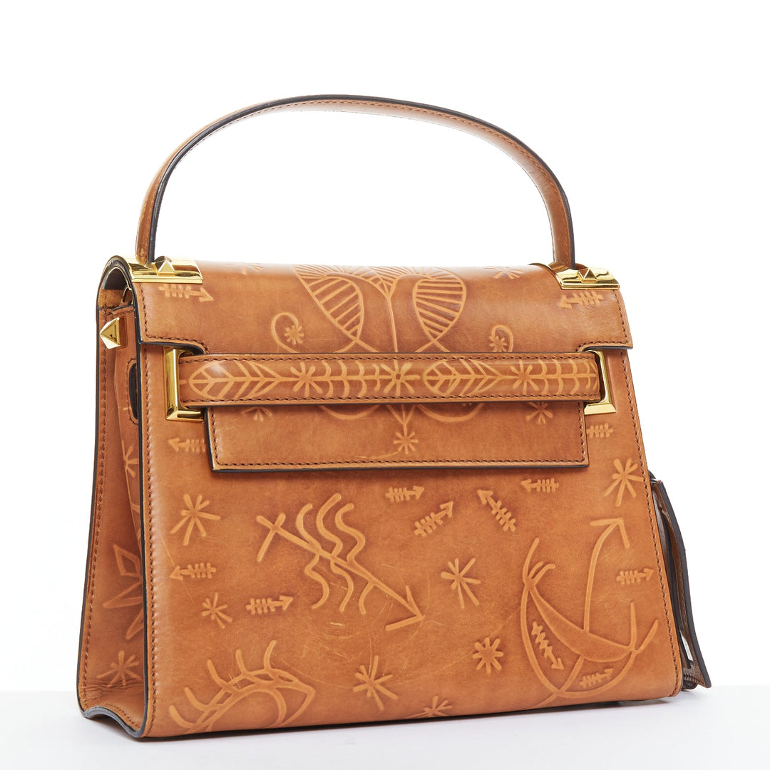 VALENTINO 2017 Santeria My Rockstud brown embossed top handle satchel bag