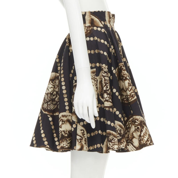 DOLCE GABBANA Antique Roman medallion coin black cotton flared skirt IT36 XS
