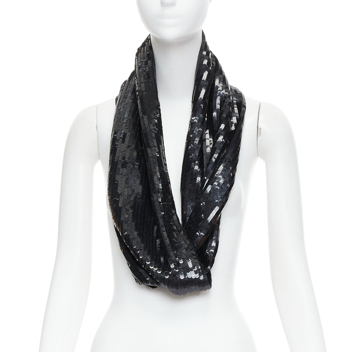 MONSE 100% silk black sequinned wrap around infinity circle scarf