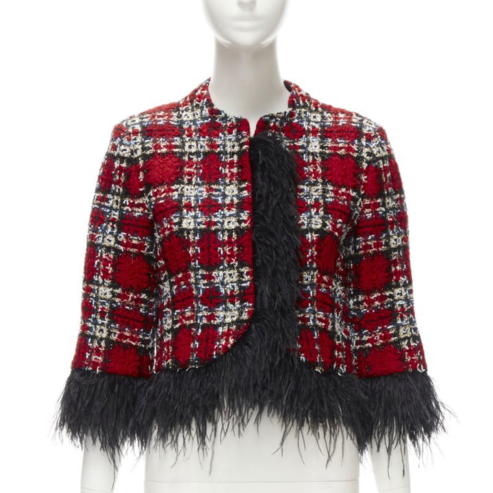 HALPERN 2022 red checked tweed black feather trim cropped jacket FR34 XS