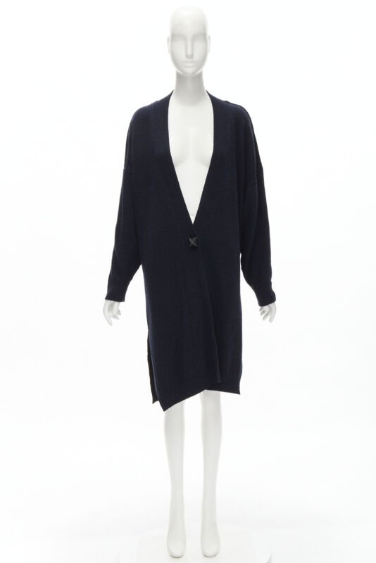 HERMES 100% cashmere Medor leather button navy black long line cardigan FR36 XS