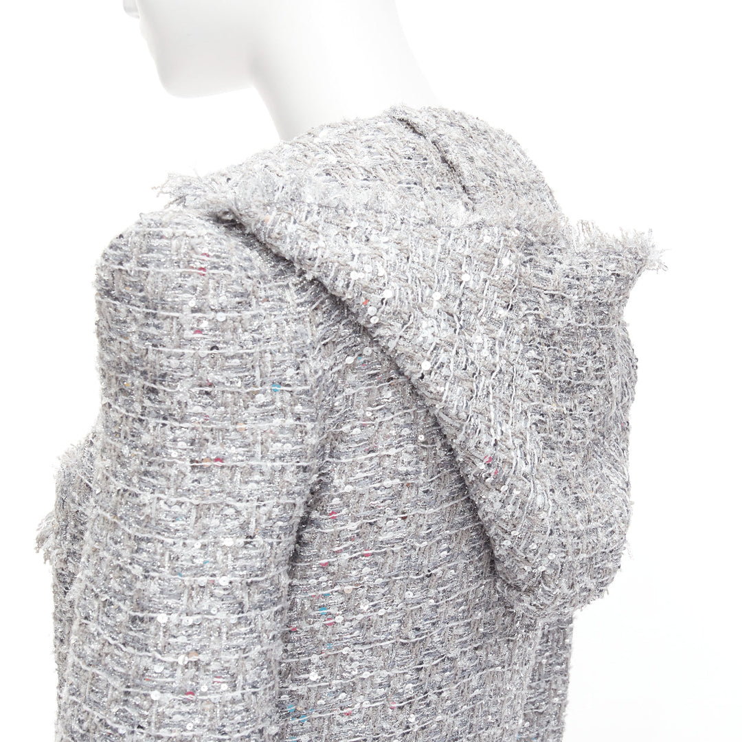 BALMAIN silver sequinned boucle tweed hooded power shoulder jacket FR36 S