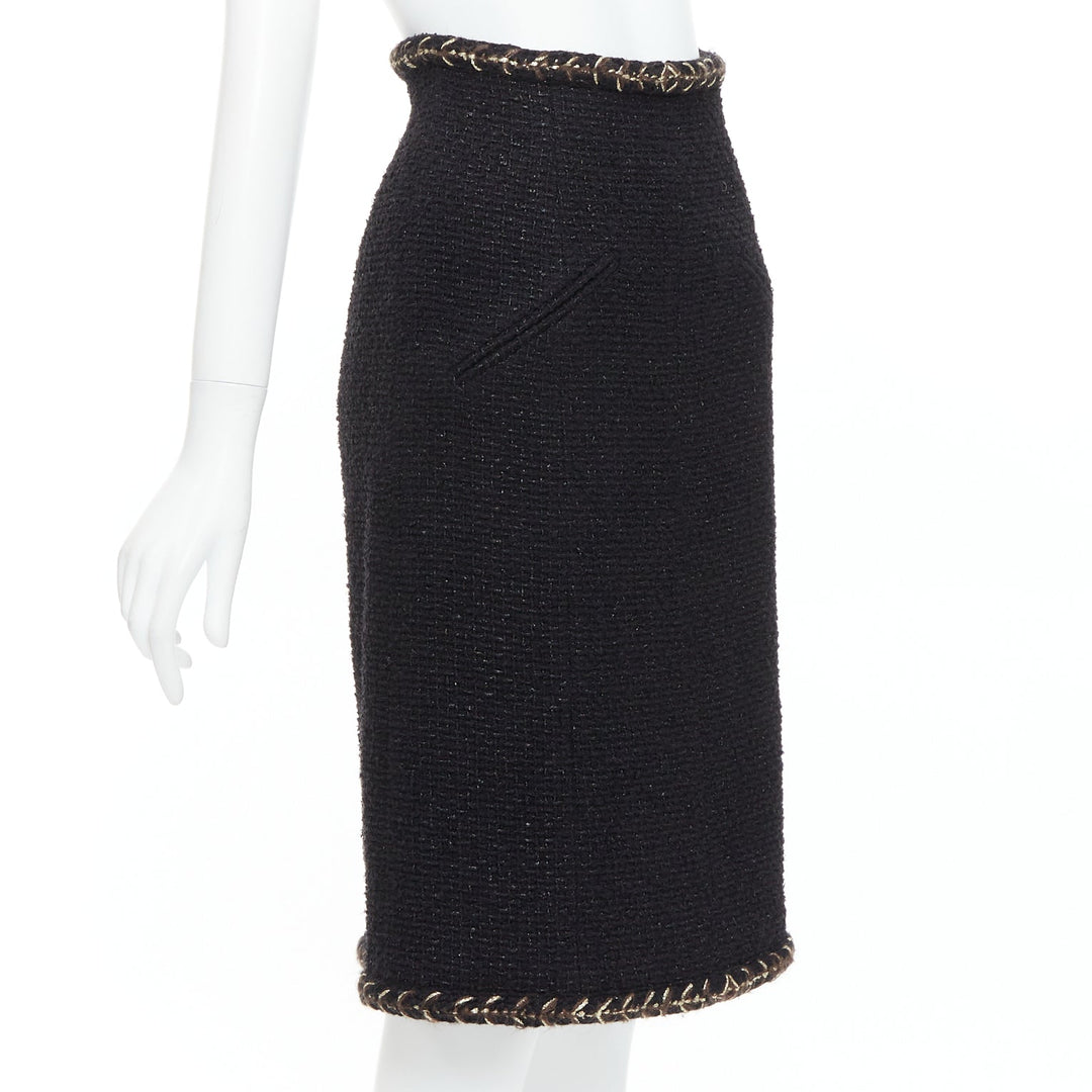 CHANEL 18K black cotton tweed brown gold braided trim tweed skirt FR34 XS