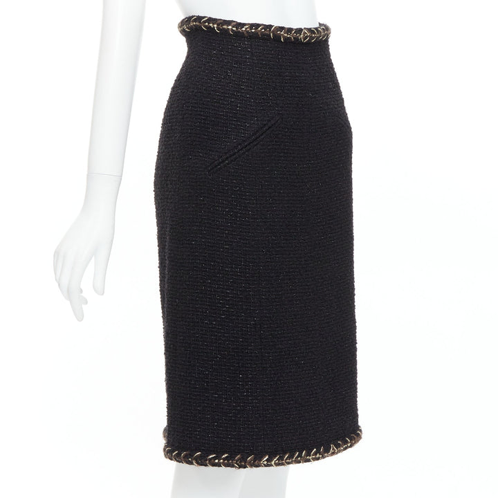CHANEL 18K black cotton tweed brown gold braided trim tweed skirt FR34 XS