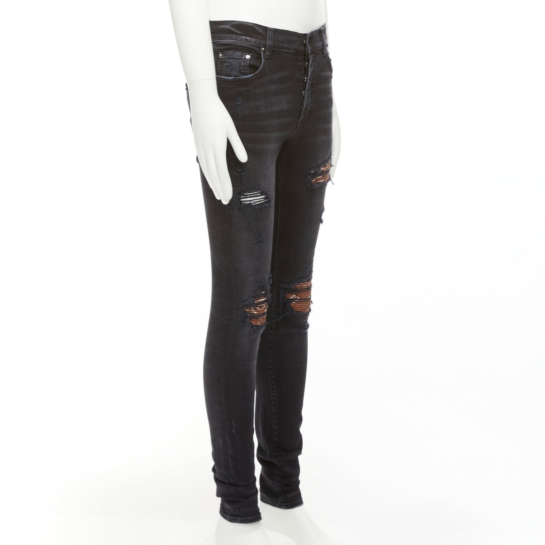 AMIRI black charcoal distressed brown pleated inserts washed skinny jeans 31"