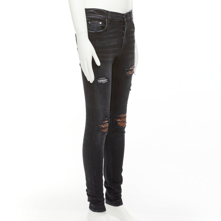 AMIRI black charcoal distressed brown pleated inserts washed skinny jeans 31"
