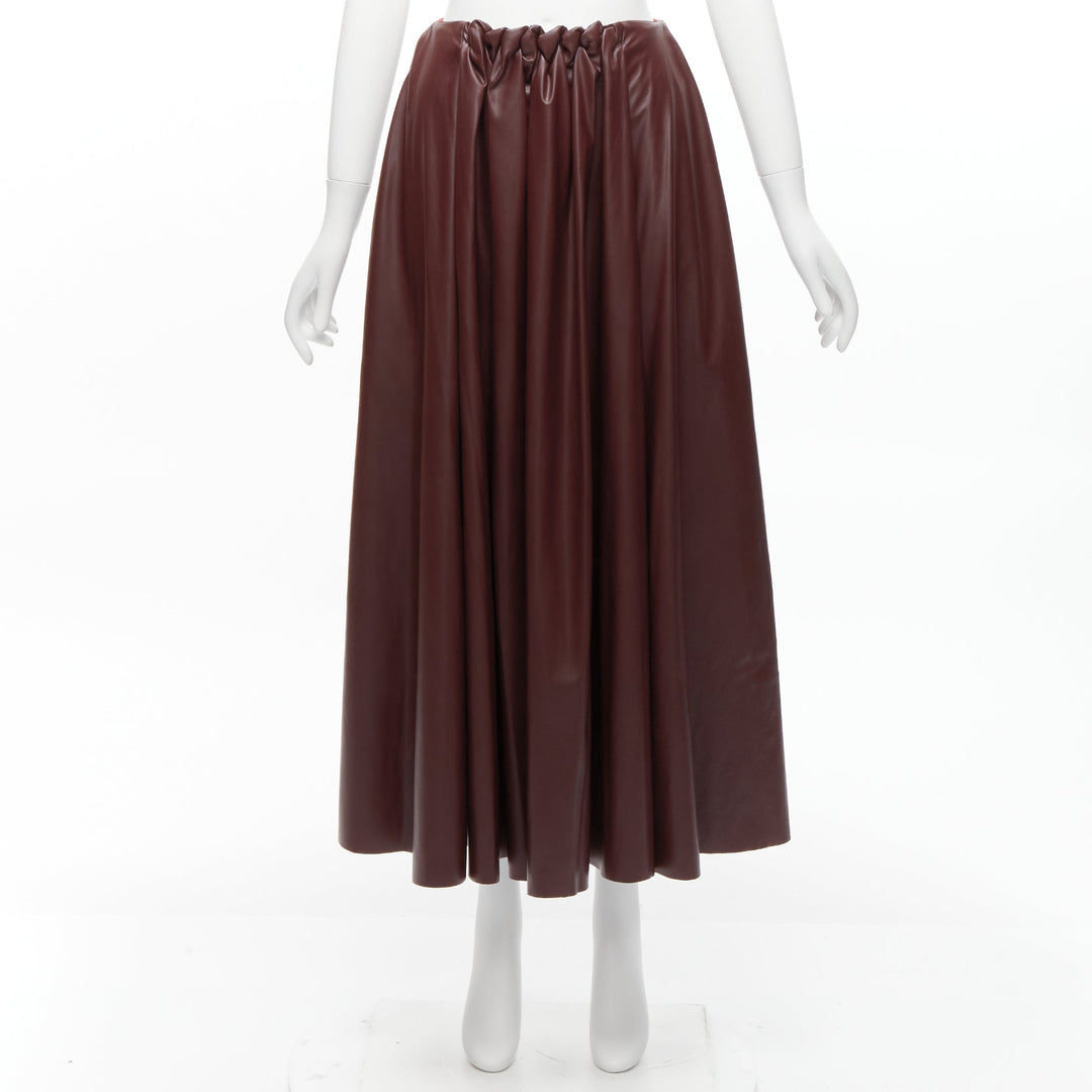 ROKSANDA burgundy faux leather wool lined ruched waist A-line midi skirt UK8 S