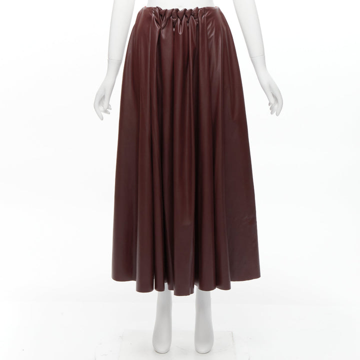 ROKSANDA burgundy faux leather wool lined ruched waist A-line midi skirt UK8 S