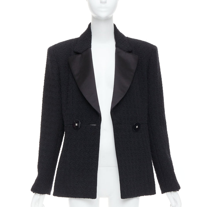 CHANEL 17A Runway Cosmopolite black tweed double breasted tuxedo jacket FR44