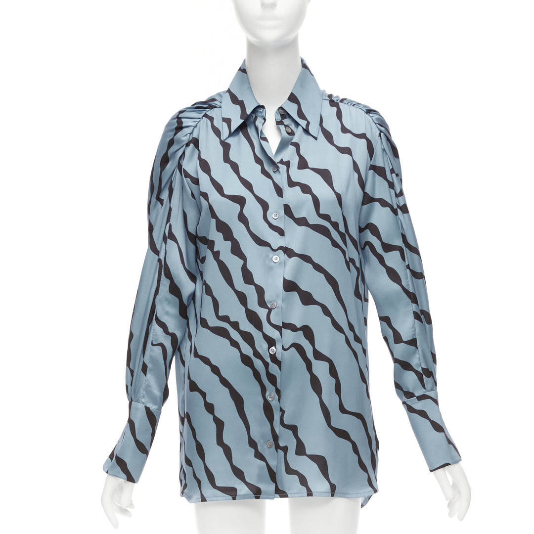 VVB VICTORIA BECKHAM blue black diagonal stripe asymmetric shoulder shirt UK10 M