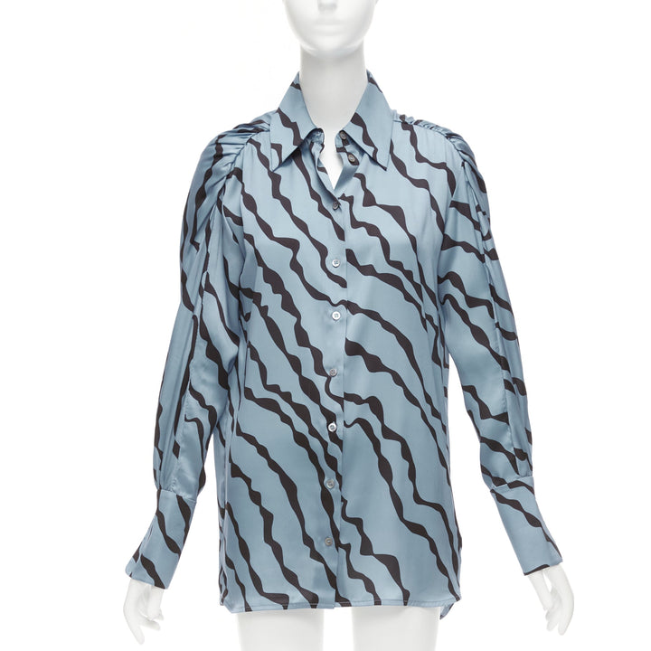 VVB VICTORIA BECKHAM blue black diagonal stripe asymmetric shoulder shirt UK10 M