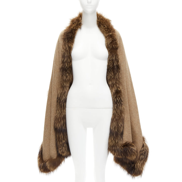 NO BRAND brown real fur trim soft wool rectangular shawl scarf