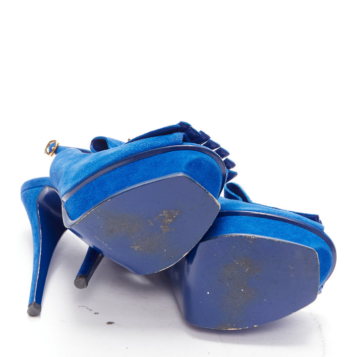YVES SAINT LAURENT Tribute cobalt blue suede fringe chain platform EU37.5