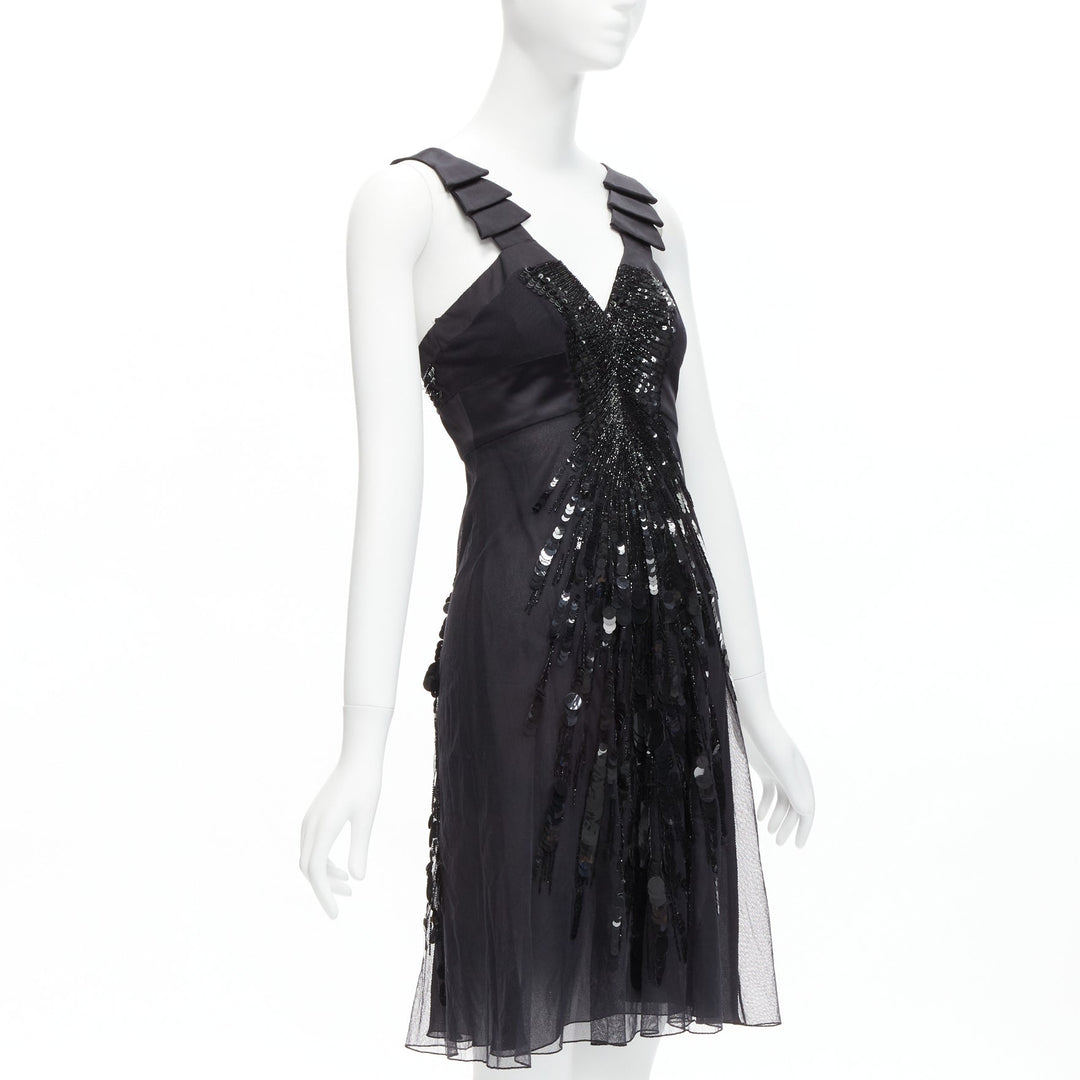 rare VERSACE 2008 black sequins bead embellishment ruffle strap dress IT38 XS