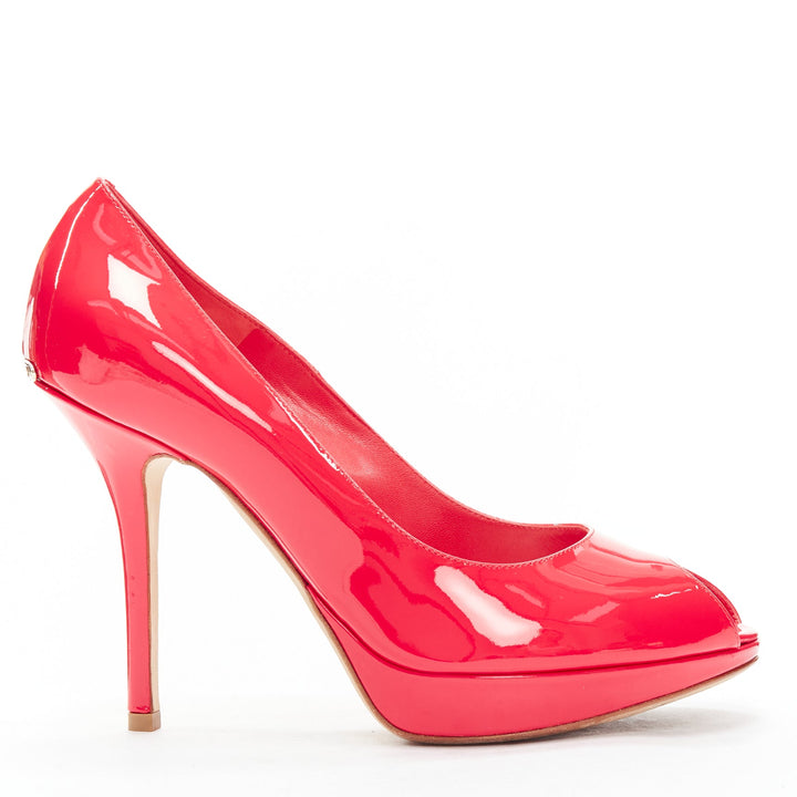 CHRISTIAN DIOR neon pink patent leather peep toe platform pumps EU38