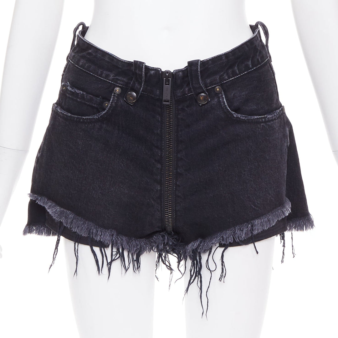 UNRAVEL PROJECT dark blue cotton zip around distressed mini shorts 25"