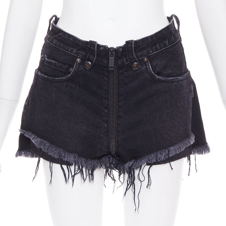 UNRAVEL PROJECT dark blue cotton zip around distressed mini shorts 25"