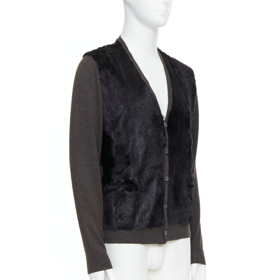 LANVIN black brown 100% alpaca fur front panel cardigan jacket M