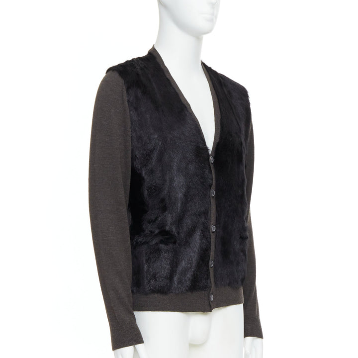 LANVIN black brown 100% alpaca fur front panel cardigan jacket M