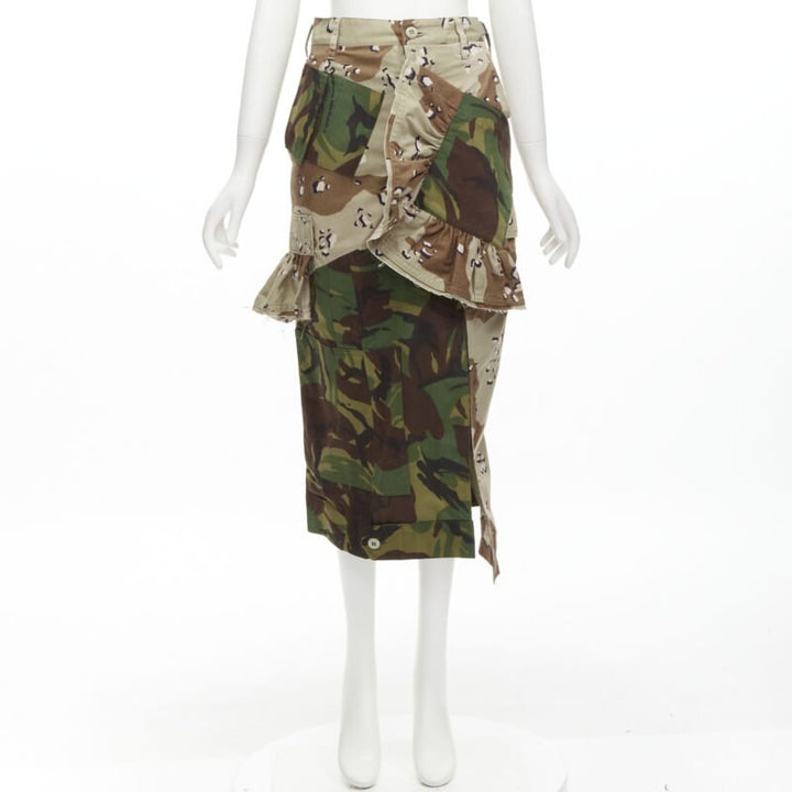 PREEN mixed green khaki camo patchwork ruffled deconstructed cargo skirt XS